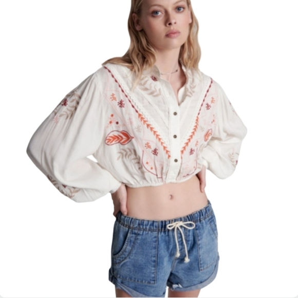 Free People One Teaspoon Gypsy Wanderer Embroidered Crop Top Medium Ivory Boho - Picture 1 of 12